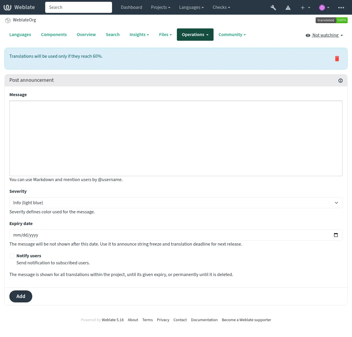 Image showing an announcement that reads: "Translations will be used only if they reach 60%" atop the dashboard view.