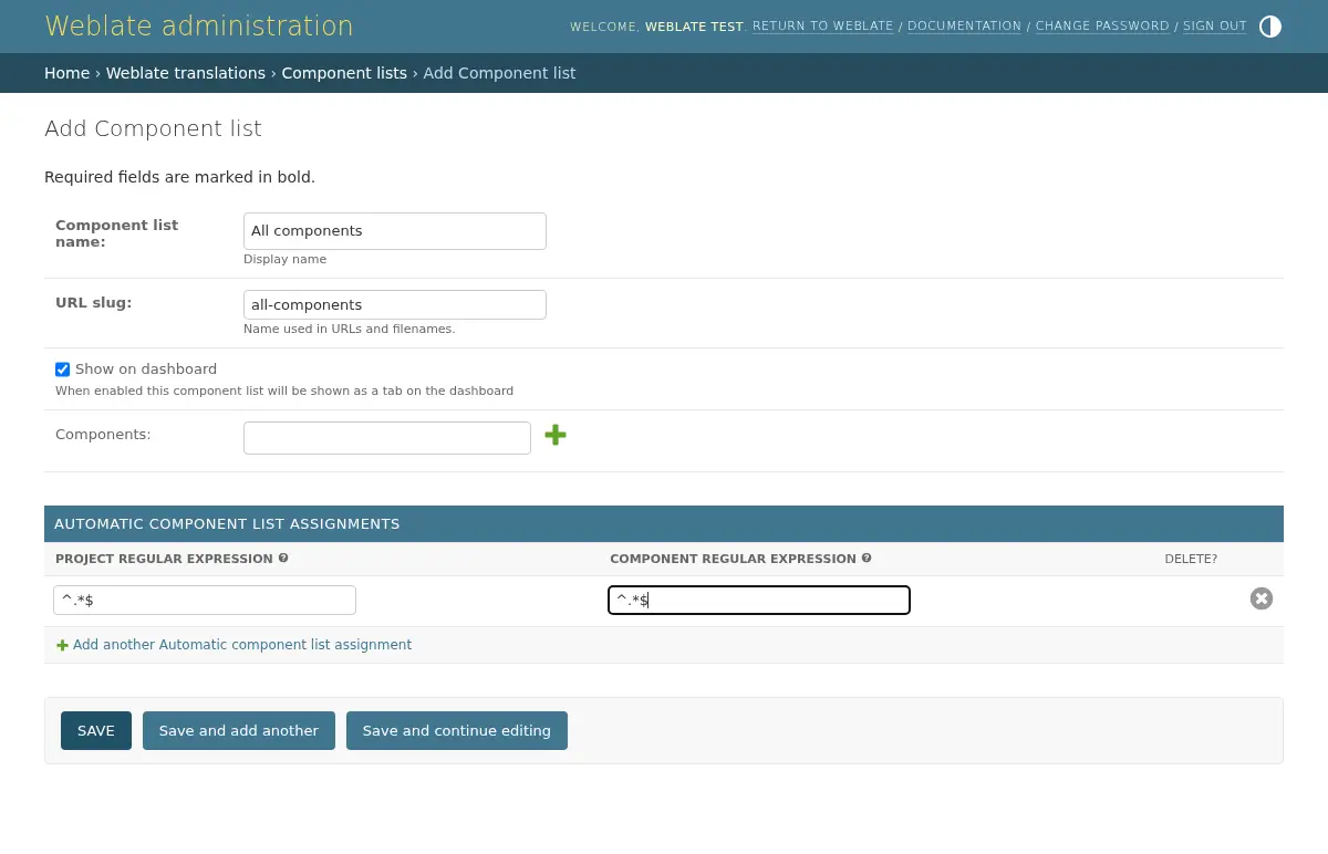 Image showing the Weblate administration panel with the above configuration filled in.